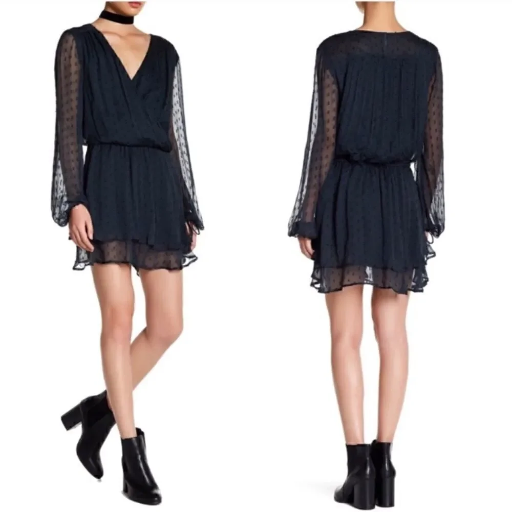 Free People Daliah Mini Blue Dress Long Sleeve Deep Blouse Size XS